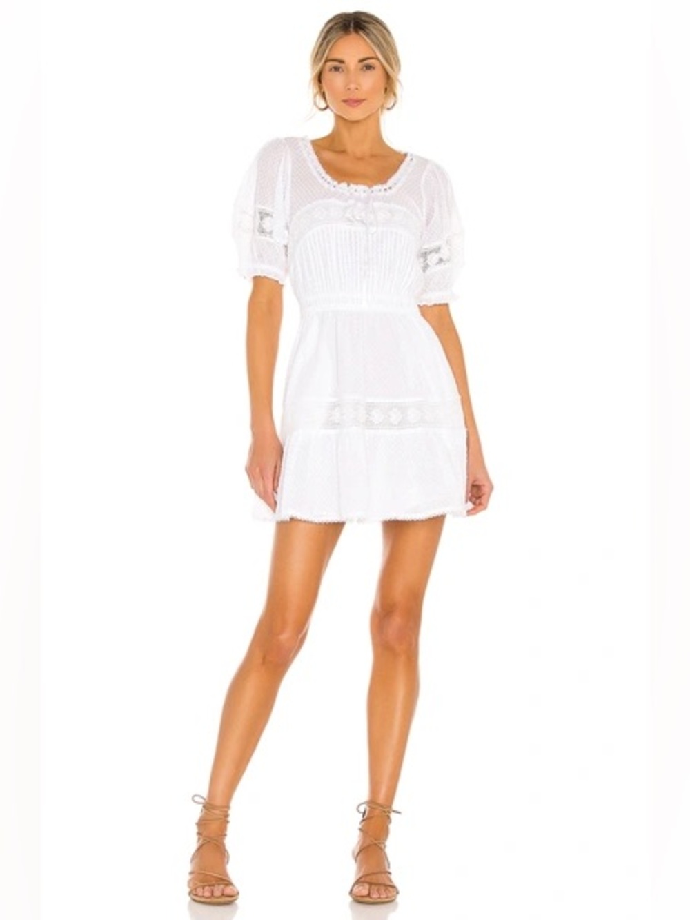 LoveShackFancy Britta Textured Cotton Short Dress with Lace